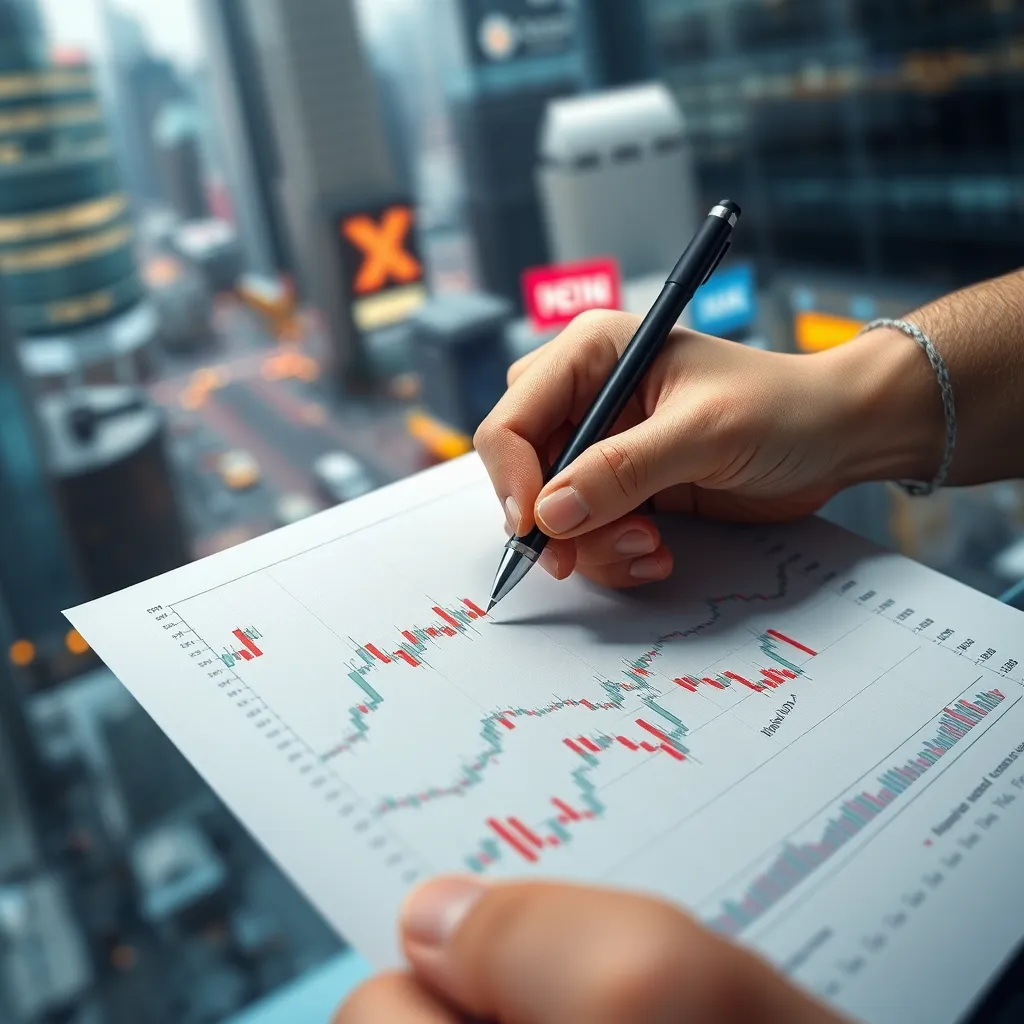 A photorealistic image of a hand drawing lines and shapes on a stock chart using a pen and paper. The chart shows various technical indicators and patterns. In the background, there is a blurred image of a bustling financial district, symbolizing the dynamic nature of trading.
