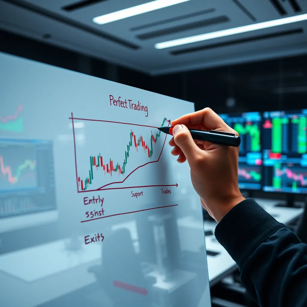 A photorealistic image of a hand drawing a perfect trading setup on a whiteboard, using markers to illustrate price action, support and resistance levels, and entry and exit points. The background is a modern trading room with multiple screens displaying stock data.