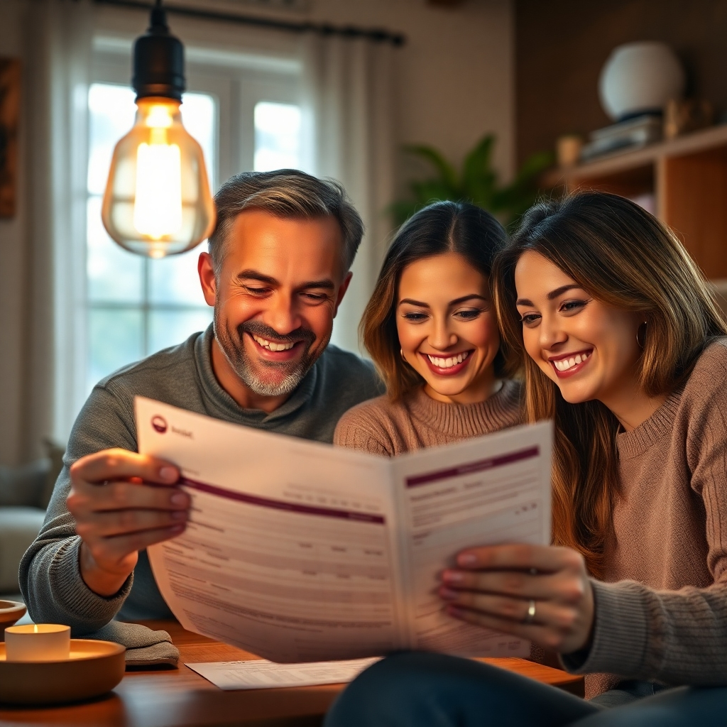 A photorealistic image of a happy family smiling at their significantly reduced electricity bill, with a vintage Edison lightbulb subtly glowing in the background, indicating the source of the energy savings. The image should have a warm and inviting atmosphere, showing a cozy home setting.