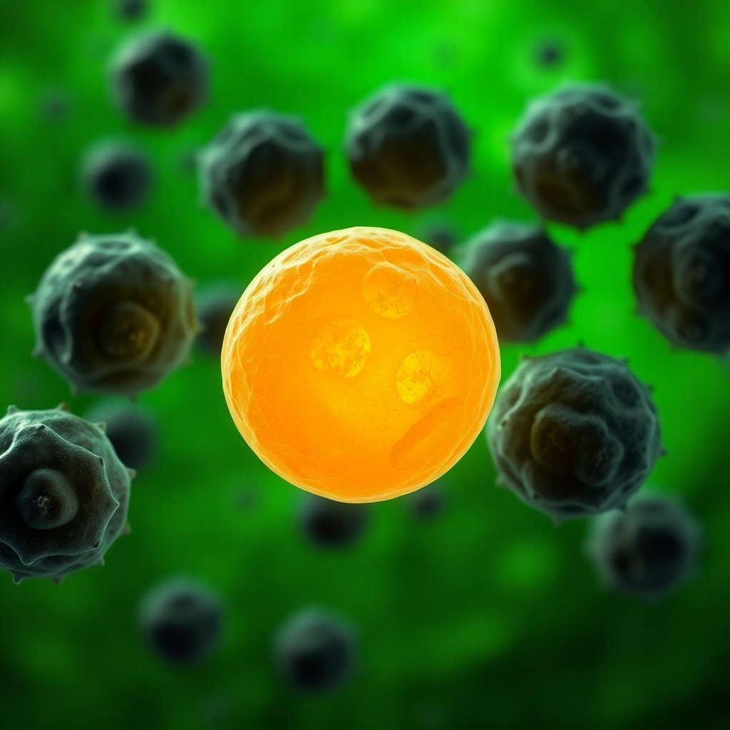 A photorealistic image of a healthy, glowing liver cell alongside several visibly cleansed and purified liver cells.  The background is a vibrant, healthy green, contrasting with dark, impure cells that are fading away. The image emphasizes the cellular cleansing process.