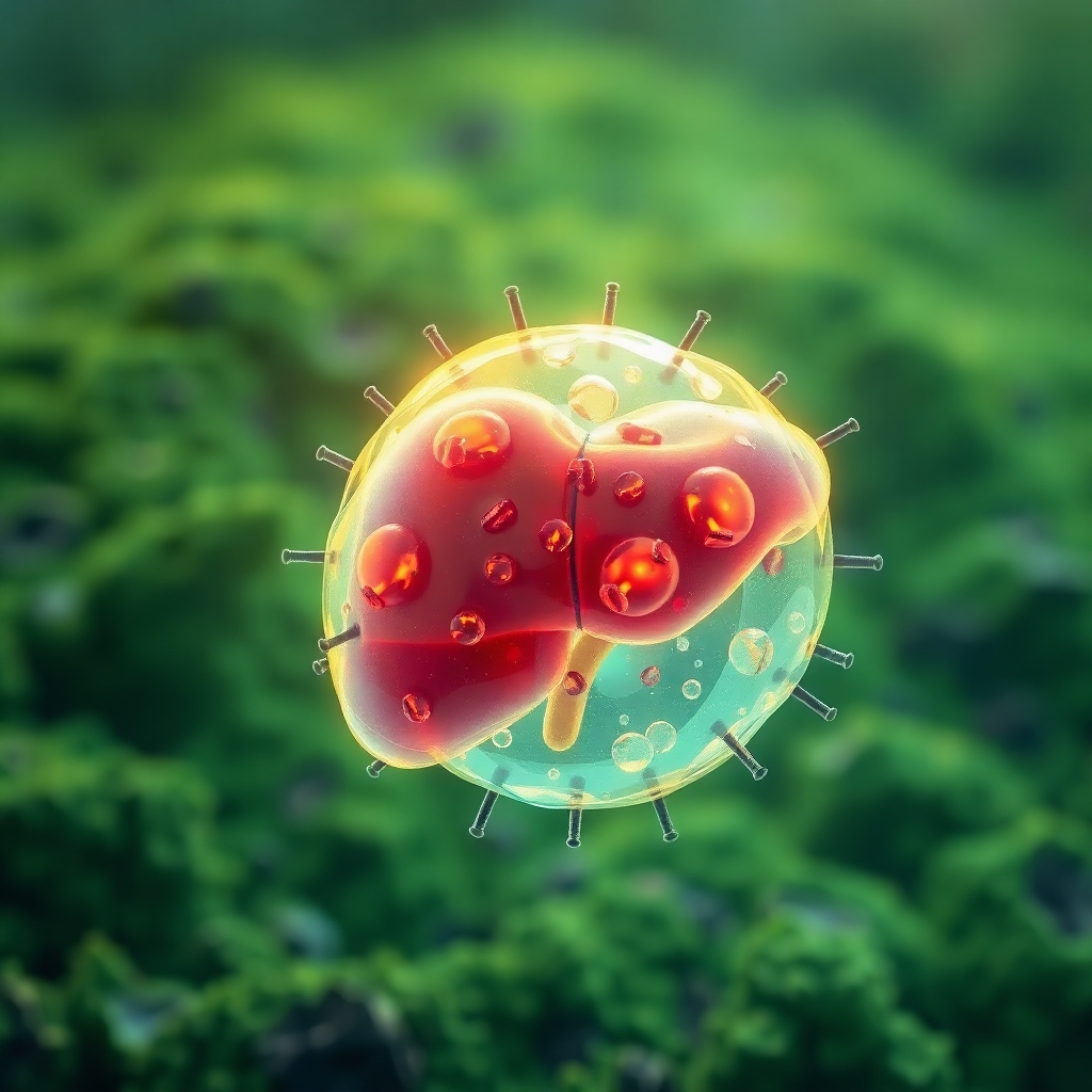 A photorealistic image of a healthy, glowing liver cell being cleansed of toxins, with vibrant colors and microscopic detail. The background should depict a healthy, lush green landscape symbolizing vitality and purification.  The overall aesthetic should be clean, modern, and scientifically accurate.