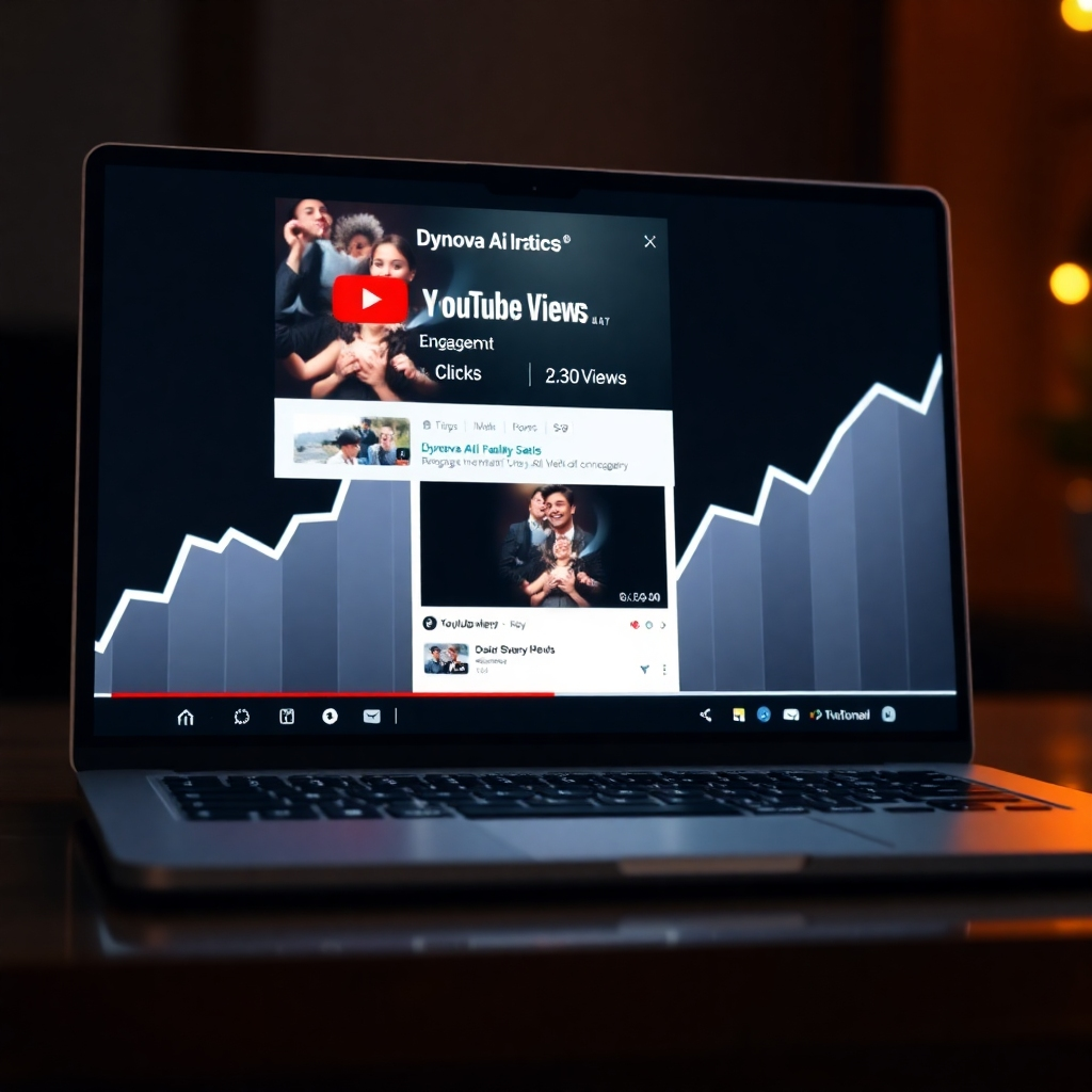 A photorealistic image of a laptop screen displaying a YouTube video with a Dynova AI ad banner prominently placed at the top, showing various engagement metrics like clicks and views increasing rapidly. The background should subtly show a graph charting exponential growth. The overall mood should be one of excitement and success.