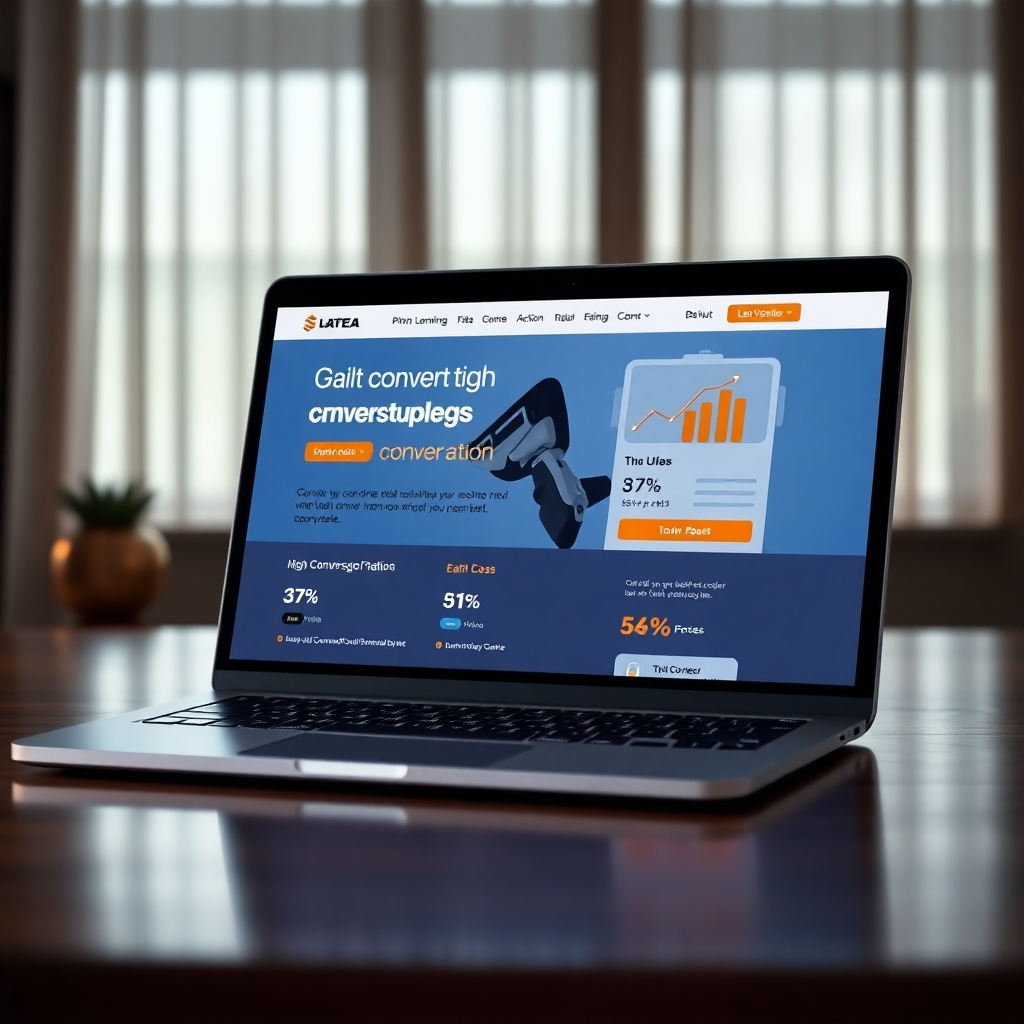  A photorealistic image of a laptop displaying a high-converting landing page with clear calls to action and visually appealing design. The screen should show positive conversion rate metrics, such as high click-through rates and sales numbers. The overall scene should communicate success and profit generation.