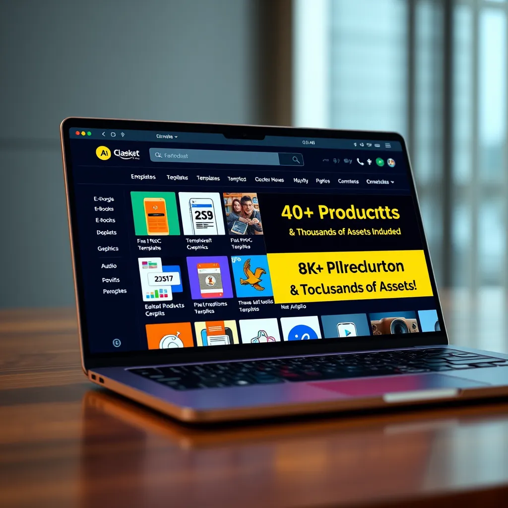 A photorealistic image of a laptop screen displaying a digital product store with a variety of categories like 'e-books', 'templates', 'graphics', and 'audio'. The screen should also show a notification banner saying '40+ Products & Thousands of Assets Included' in a bright, inviting color.