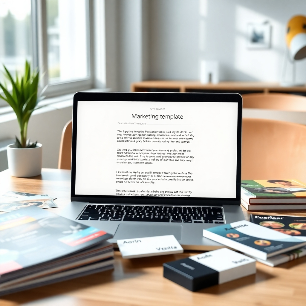 A photorealistic image of a laptop screen displaying a clean and organized email template with compelling copy and a clear call to action. Surrounding the laptop are various marketing materials like brochures, flyers, and business cards, all branded consistently. The background should be a modern workspace with natural light.