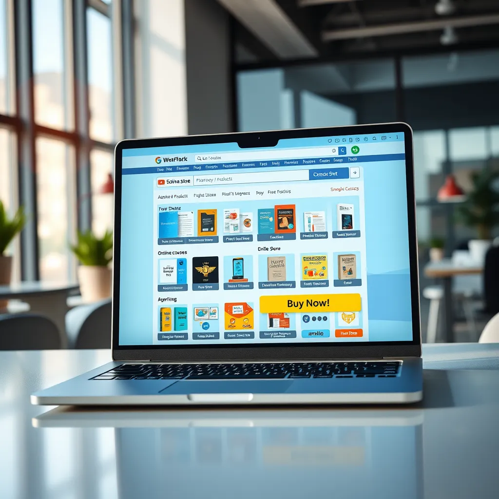 A photorealistic image of a laptop screen displaying a vibrant online store with diverse digital products like ebooks, templates, and online courses, showcasing a user-friendly interface and a prominent 'Buy Now' button. The background should be a modern office setting with natural light.