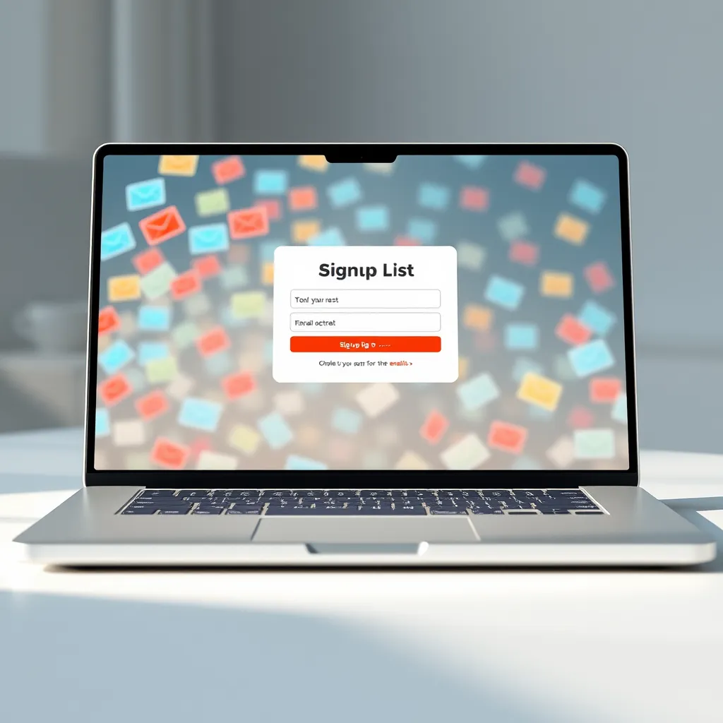 A photorealistic image of a laptop screen displaying a website signup form. The form is simple and visually appealing, with clear call-to-action buttons and a visually appealing design.  The background is a stylized, abstract representation of a growing email list, with colorful email icons cascading into a large inbox.  Use soft, diffused lighting to create a calming and inviting mood. The image should convey a sense of control and confidence, highlighting the ease and effectiveness of building a large email list with ePlanetJ's system.  The image should be hyperrealistic, rendered in 8K resolution, with a focus on the smooth lines and subtle textures of the laptop and the website interface.