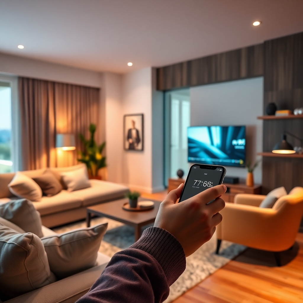 A photorealistic image of a modern, stylish living room with integrated smart home technology controlled by an AI assistant. The lighting should be warm and inviting, showcasing a comfortable home environment.  The scene should depict effortless daily activities, such as controlling the temperature, lighting, and entertainment systems through a smartphone or voice command.  The overall mood should communicate seamless integration and enhanced convenience. The AI assistant's interface should be subtly visible, not dominating the image.