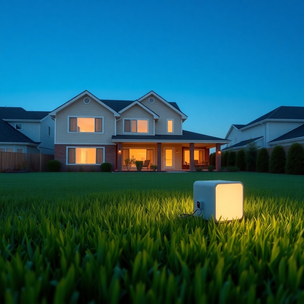 A photorealistic image of a modern suburban home with a small, aesthetically pleasing device in the backyard, subtly emitting a soft, warm glow; lush green grass, clear blue sky. The overall mood is one of peace and quiet energy independence.