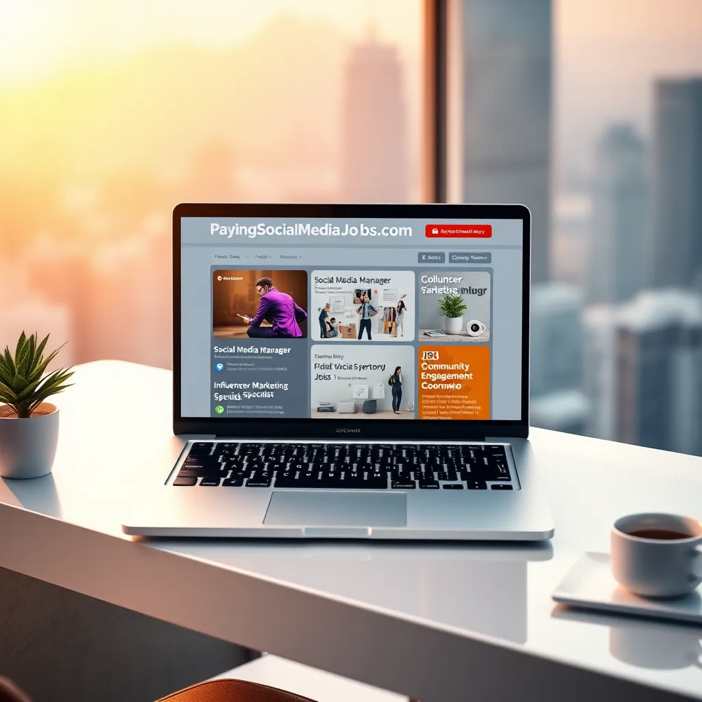 A photorealistic image of a modern laptop with a bright, clean interface showcasing a job board listing for PayingSocialMediaJobs.com. The screen displays a diverse array of job listings with enticing titles like "Social Media Manager", "Influencer Marketing Specialist", and "Community Engagement Coordinator". The laptop is positioned on a sleek, minimalist desk with a potted plant and a cup of coffee nearby. The background features a blurred cityscape with soft, warm lighting. The image evokes a sense of professionalism, opportunity, and exciting possibilities. Render in 8K resolution with hyperrealistic detail and a vibrant color palette, capturing the energy and vibrancy of social media.