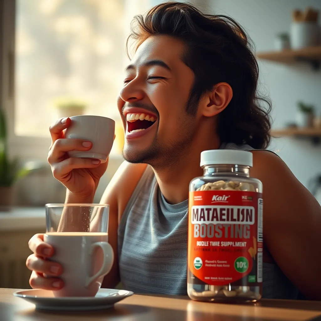 A photorealistic image of a person feeling energized and full of life, with a cup of coffee and a bottle of the metabolism-boosting supplement in the background. The scene is bright and vibrant, showcasing a healthy and active lifestyle.