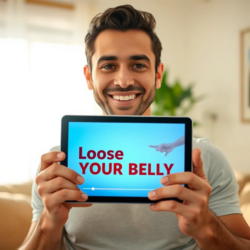 A photorealistic image of a person, likely a man, smiling confidently and looking directly at the camera, with a bright, sunny background. They are holding a tablet computer, displaying a screen showcasing a video with the title 'Loose Your Belly' in a bold, modern font. The scene is warm and inviting, suggesting a comfortable living room with soft lighting, and the tablet is positioned prominently in the foreground. The image should convey a sense of accessibility, encouragement, and the excitement of learning. The overall style should be vibrant, clean, and modern, with a high-resolution, ultra-detailed finish.