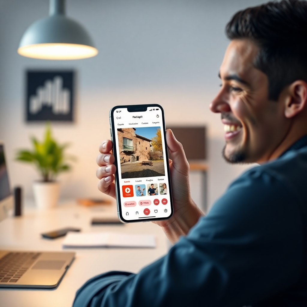 A photorealistic image of a person smiling and easily dragging and dropping app elements (buttons, images, text) onto a phone screen mockup within a user-friendly app builder interface. The background should be a modern, minimalist workspace with soft lighting. The overall feeling should be one of ease and efficiency.
