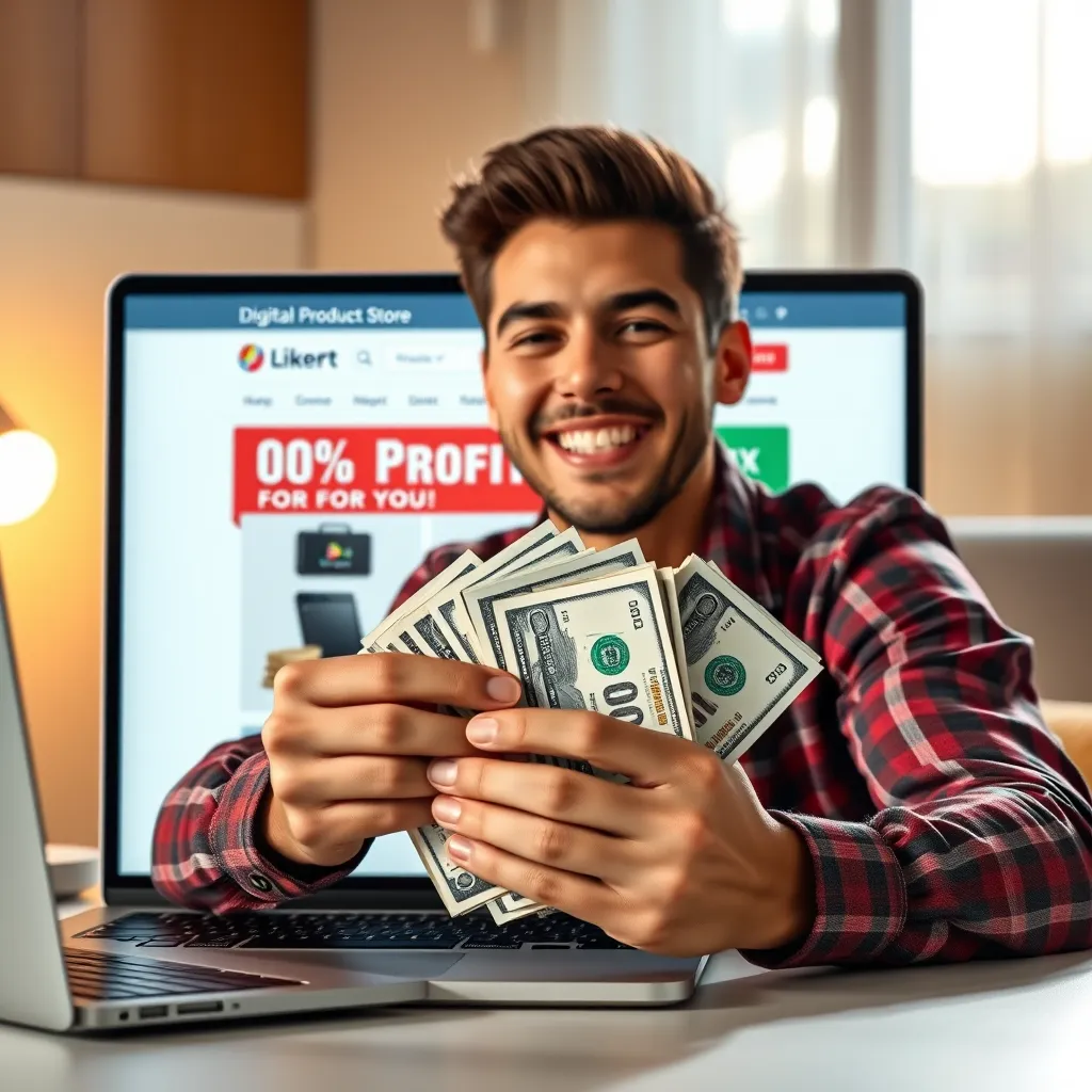 A photorealistic image of a person smiling and holding a stack of cash in front of a laptop screen displaying a digital product store with a banner stating '100% Profit For You!' The image should convey excitement, success, and financial independence.