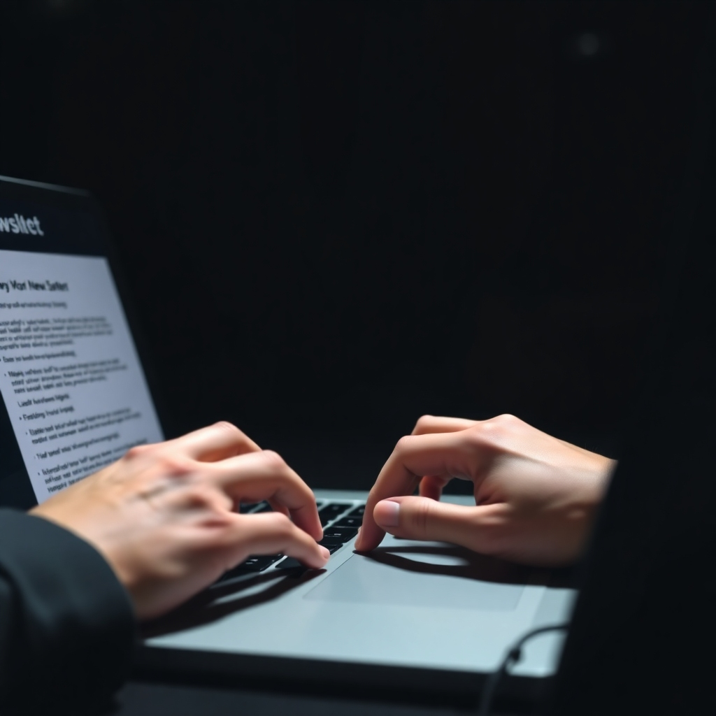 A photorealistic image of a person's hands typing on a laptop, with the screen showing AI-generated newsletter content. The person's face should be intentionally obscured or out of frame, emphasizing anonymity. The background should be dark and mysterious, creating a sense of secrecy.