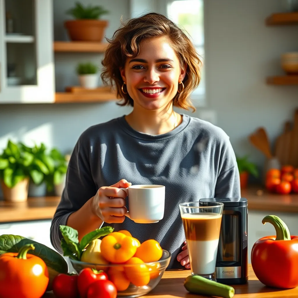 A photorealistic image of a person feeling healthy and vibrant, standing in a kitchen with a bowl of fresh fruits and vegetables. They are holding a cup of coffee and a steaming cup of the coffee booster beside it, showcasing the product in a bright, healthy environment.