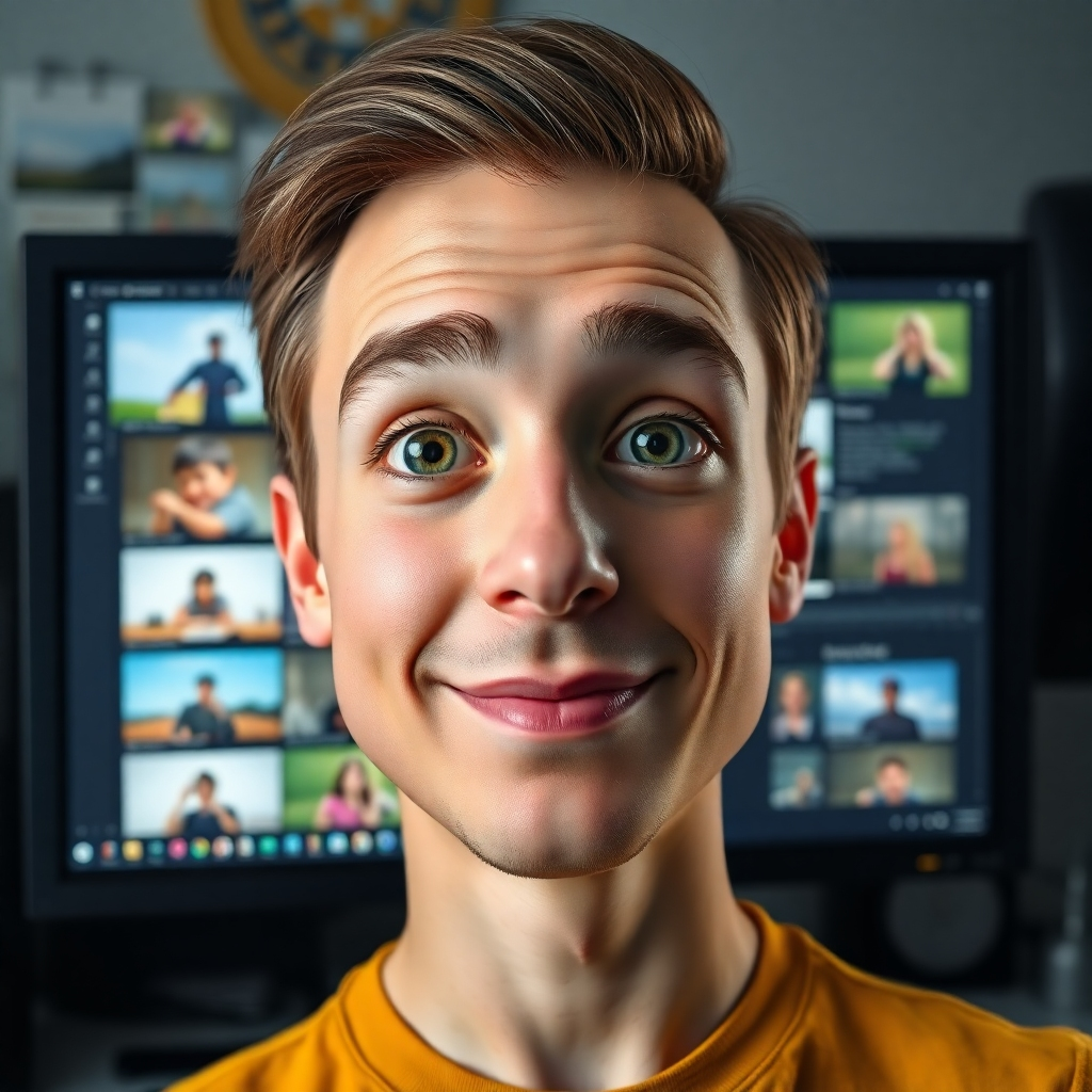 A photorealistic image of a person's face morphing into a cute, stylized cartoon character on a computer screen. The background shows various video clips and animation tools. The overall mood is playful and innovative.