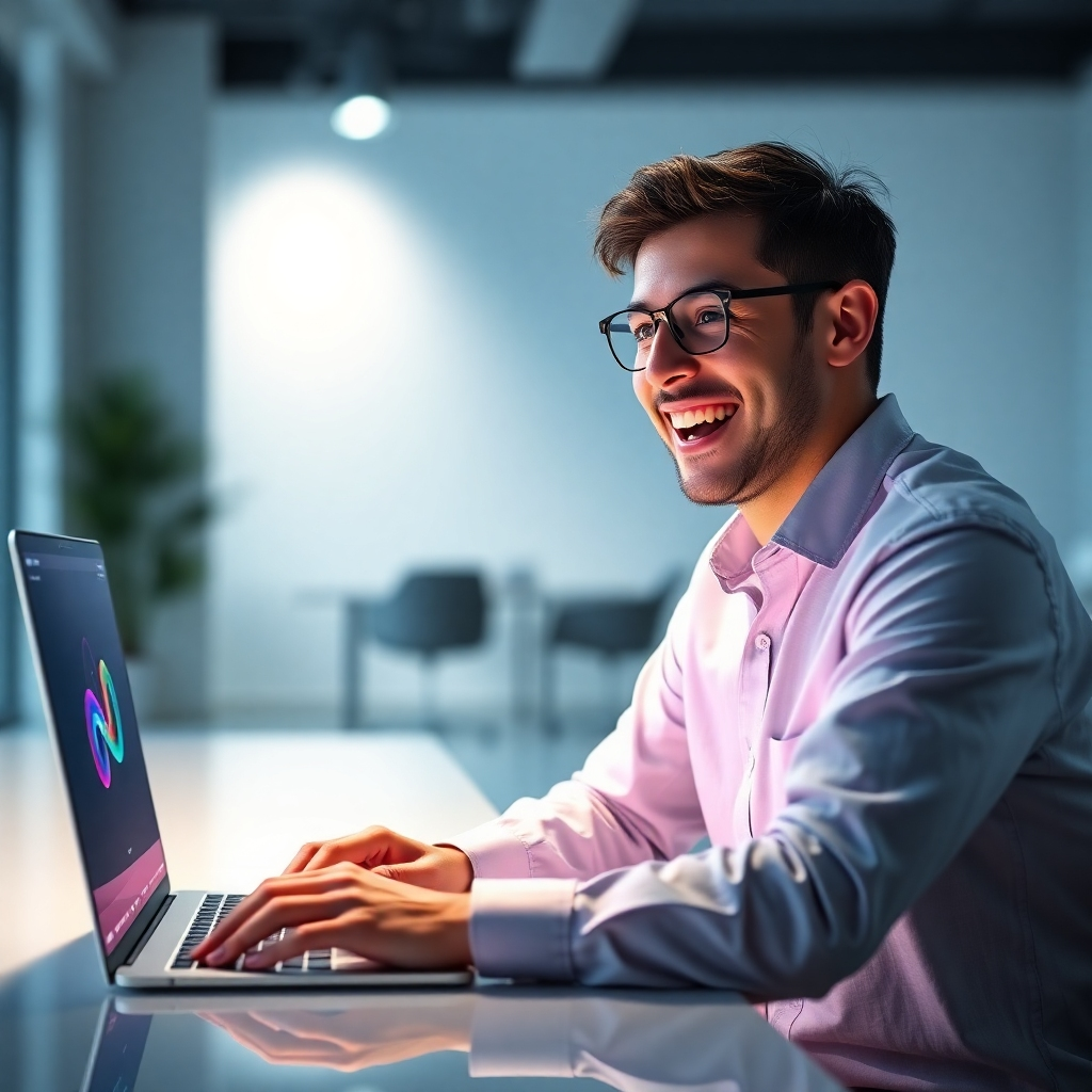 A photorealistic image of a person smiling and looking amazed, sitting at a sleek, modern laptop. The laptop screen displays a vibrant, colorful design generated by AI software. The background is a minimalist, brightly lit office space. The overall mood is one of effortless creation and success.