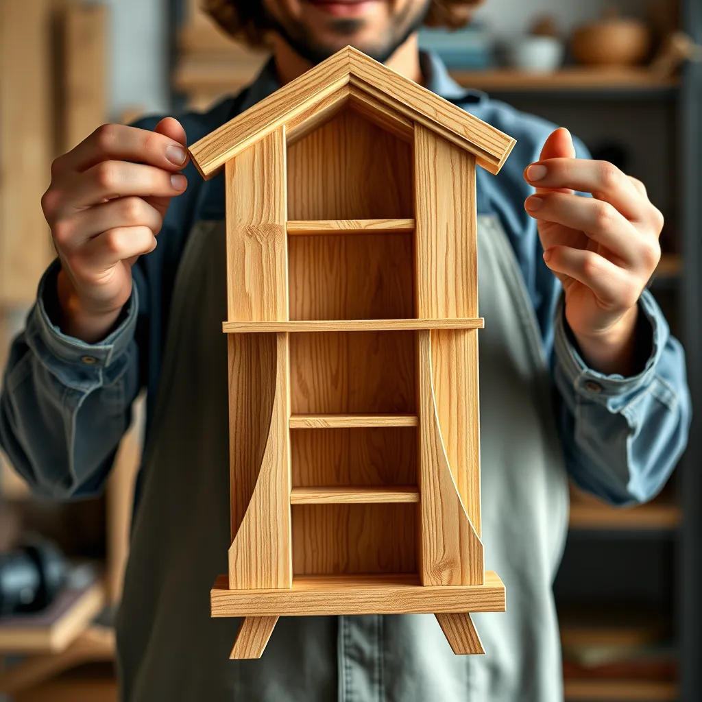 A photorealistic image of a person proudly holding a finished wooden project, showcasing their craftsmanship and the fulfillment of their creative vision. The project could be a decorative bookshelf, a custom-made chair, or a beautiful wooden sculpture.