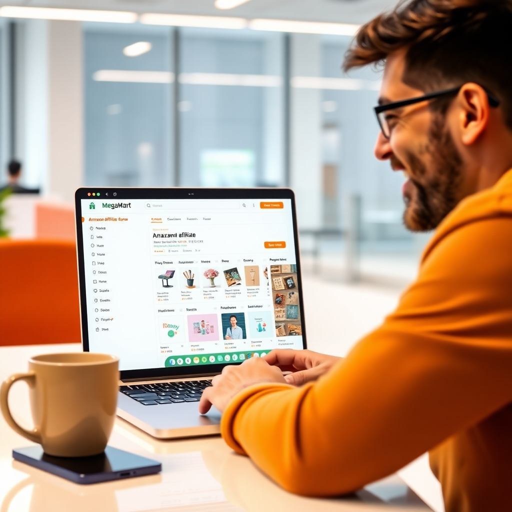 A photorealistic image of a person smiling and looking at a laptop screen displaying a MegaMart AI dashboard showing a newly created Amazon affiliate store.  The laptop should be on a modern desk with a coffee cup and a smartphone nearby. The background should be a bright, modern office.