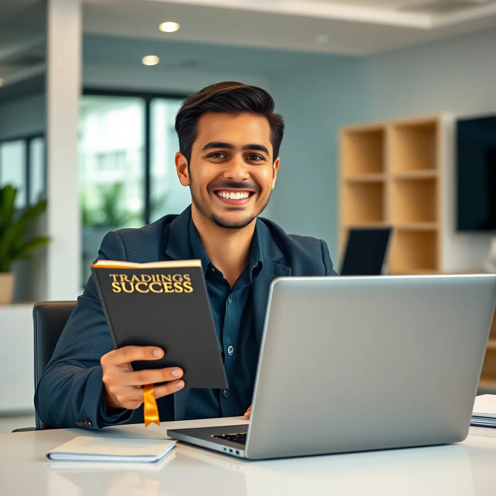 A photorealistic image of a person sitting at a desk with a laptop, confidently smiling. The person is holding a book titled 'Trading Success' with a golden ribbon bookmark. The room is bright and modern, showcasing a positive and successful trading environment.