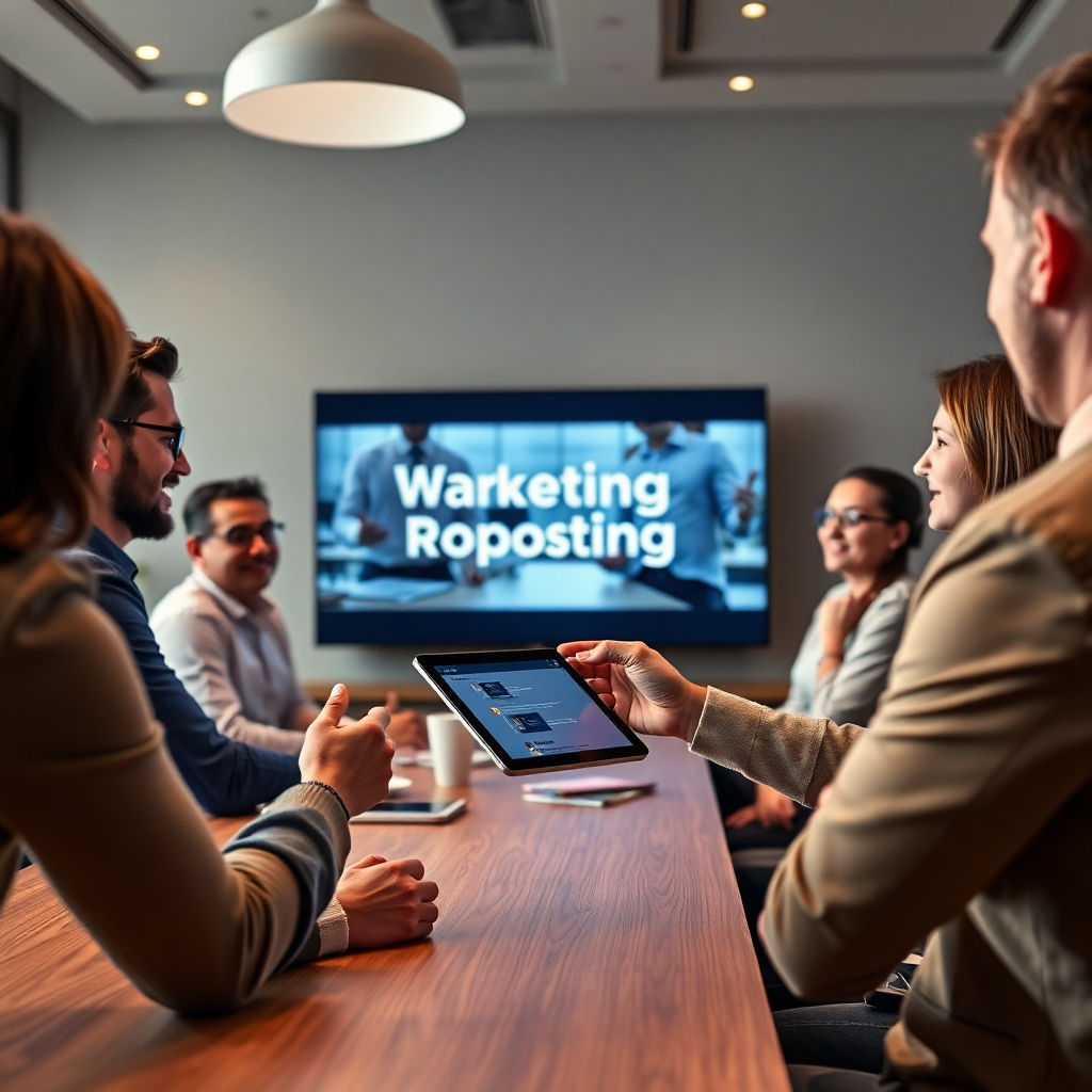 A photorealistic image of a person confidently presenting a marketing proposal on a tablet to a group of happy clients, with a mockup of a finished interactive video projected on a screen in the background.  The scene should be a modern meeting room emphasizing professionalism and collaboration.