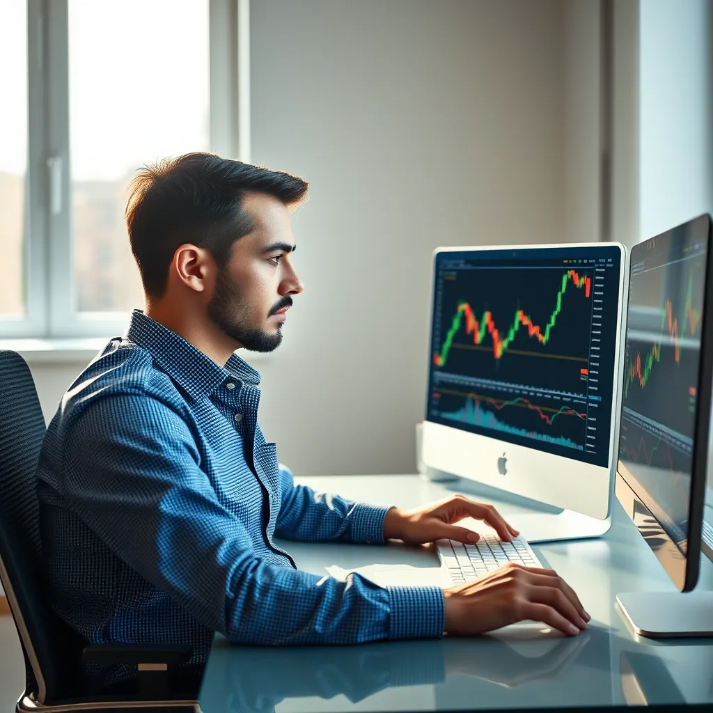 A photorealistic image of a person sitting in front of a computer, studying a stock chart with various technical indicators overlaid. The person looks focused and confident, with a laptop displaying a trading platform in the background. The environment is clean and modern, with natural light streaming through a window.