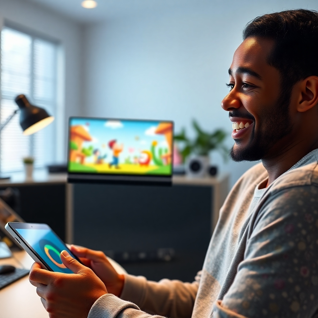 A photorealistic image of a person smiling and looking at a tablet screen showing a vibrant cartoon video being created with simple drag-and-drop interface elements. The background is a clean, modern workspace with soft lighting.