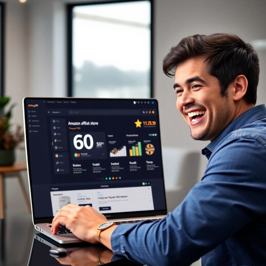 A photorealistic image of a person smiling triumphantly while looking at a laptop screen displaying a newly created Amazon affiliate store dashboard, with a timer showing 60 seconds elapsed.  The background should be a modern, minimalist office. The laptop screen should showcase key metrics like sales and traffic. Highlighting the speed and simplicity of the process is key.