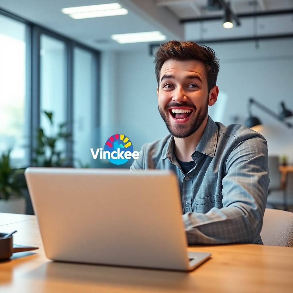 A photorealistic image of a person smiling and looking amazed while sitting in front of a laptop, showcasing a vibrant, professional-looking logo design on the screen. The background is a modern, minimalist office space with soft lighting. The overall feeling should be one of ease, efficiency, and success.