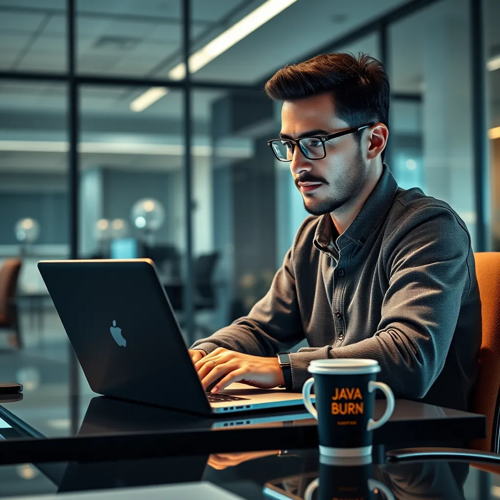 A photorealistic image of a person working on a laptop in a modern office, looking focused and energized, with a cup of JavaBurn coffee beside them. The image should convey a sense of productivity and enhanced concentration.