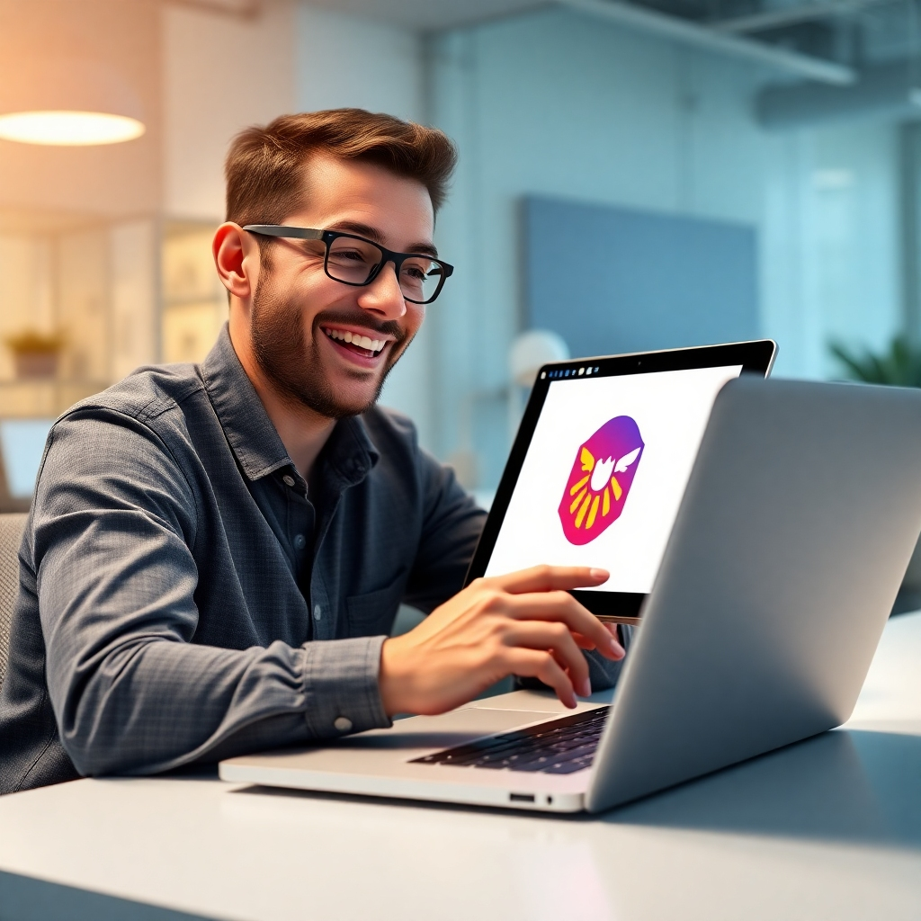 A photorealistic image of a person smiling and looking amazed while effortlessly creating a beautiful logo on a sleek, modern laptop using intuitive AI software.  The background should be a bright, modern office space. The laptop screen displays a vibrant, professional logo design in progress. The overall mood should be one of ease and accomplishment.