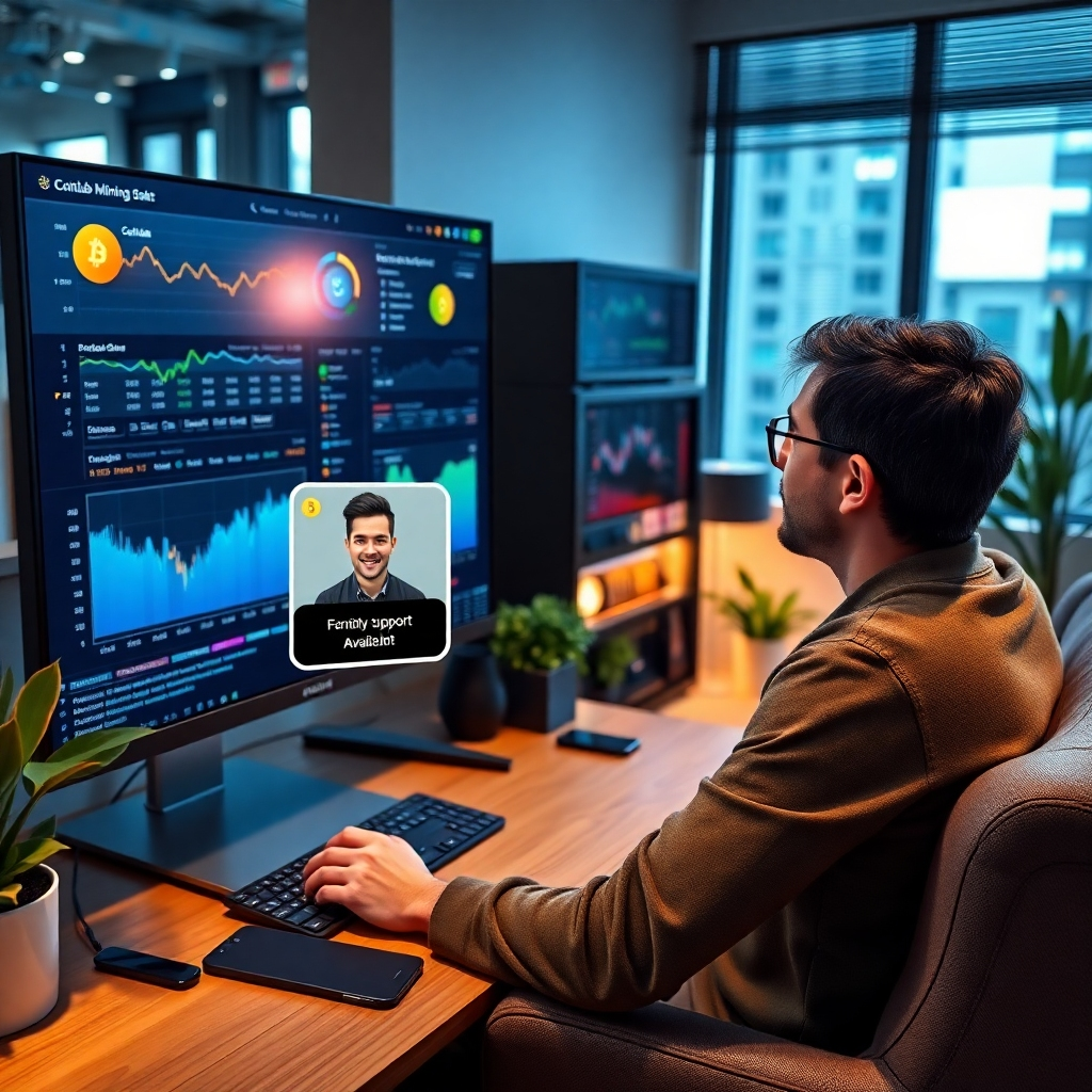 A photorealistic image of a person in a comfortable, modern workspace, confidently monitoring cryptocurrency mining data on a large, interactive display featuring Coinlab's interface; a small inset shows a friendly support team member readily available via chat, providing a sense of security and support.