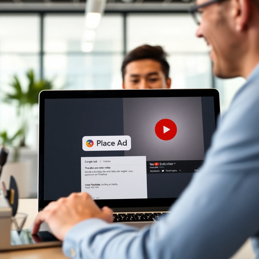 A photorealistic image of a person smiling and looking at a laptop screen showing a simplified interface with a large button that says 'Place Ad' and a preview of a YouTube video with an ad banner overlaid. The background should be a bright, modern office.