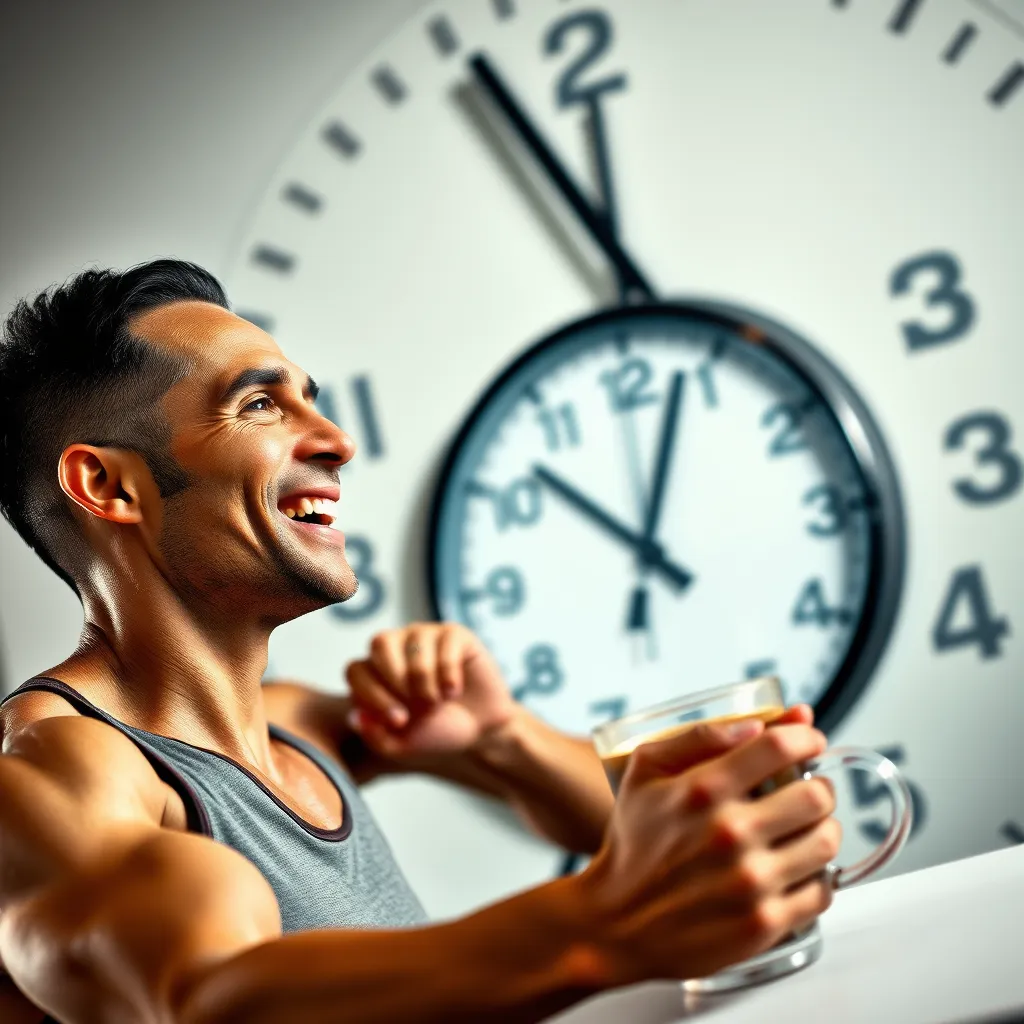 A photorealistic image of a person performing a high-intensity workout with ease and a smile on their face. In the background, a clock with a fast-moving hand, representing sustained energy and productivity. A cup of coffee with steam rising from it, subtly positioned in the corner, symbolizing the formula's synergy with coffee.
