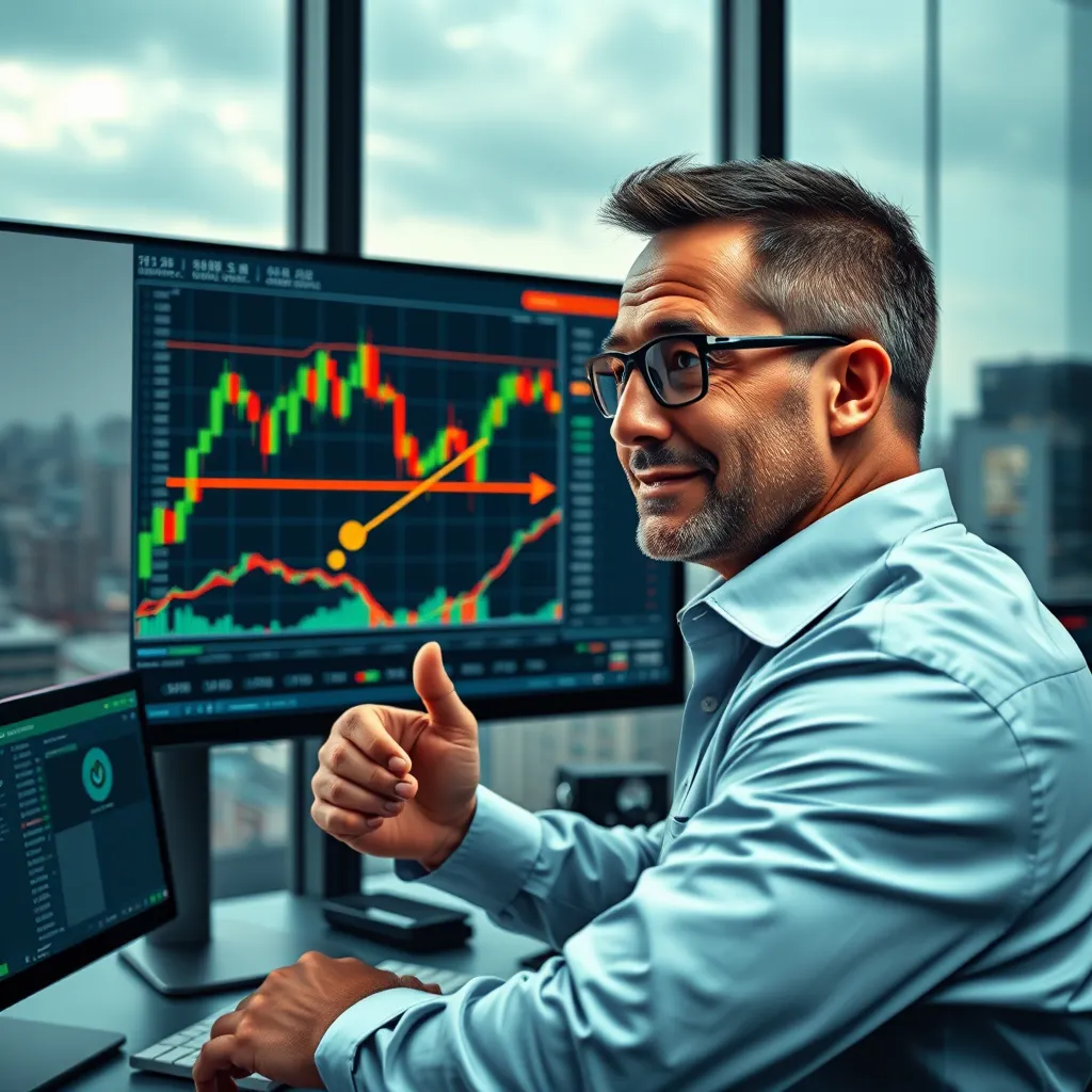 A photorealistic image of a person confidently looking at a stock chart displayed on a large monitor, with a cityscape behind them. The chart shows a successful trading strategy, with arrows pointing to key buy and sell points. The person is surrounded by trading data and tools, creating a feeling of expertise and control.