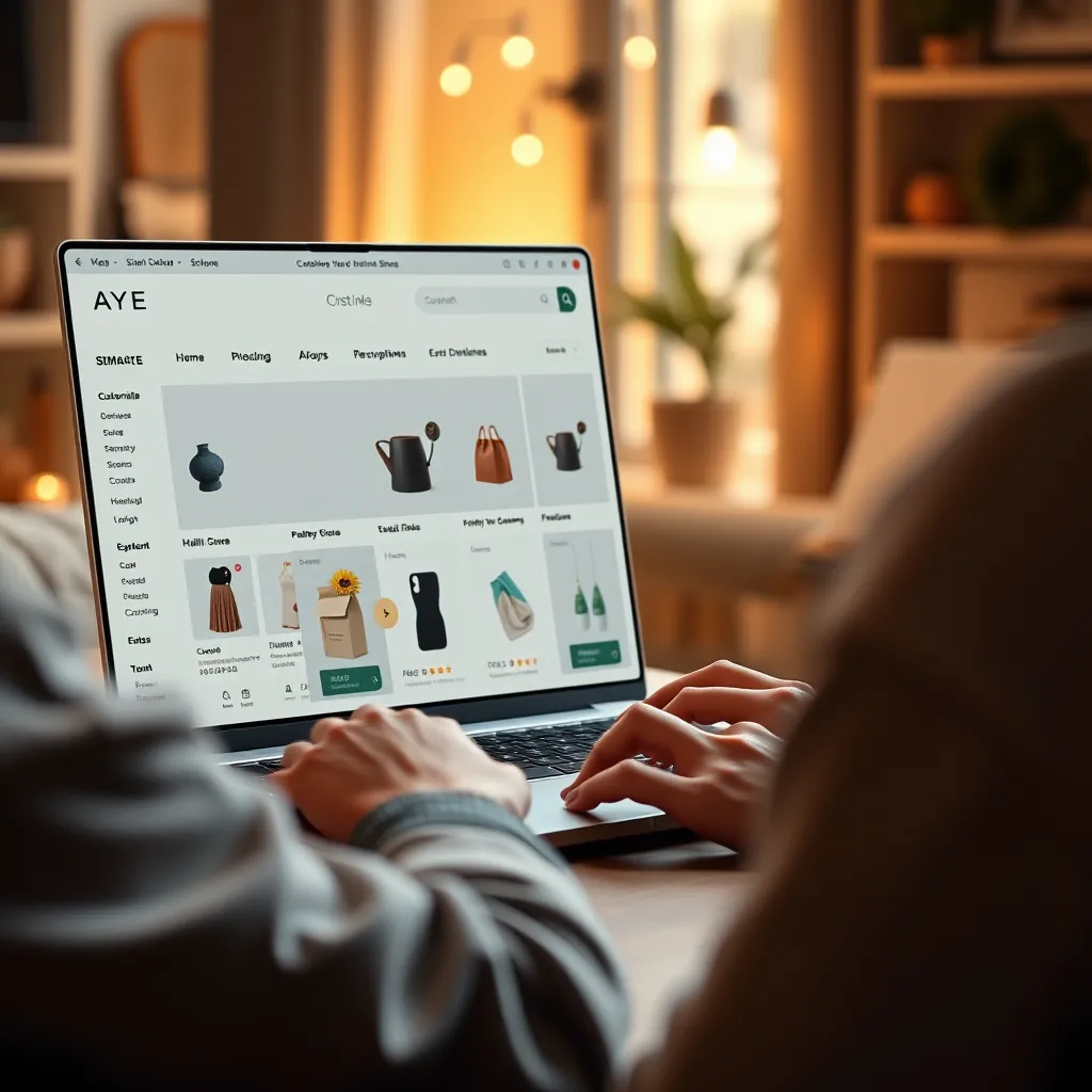 A photorealistic image of a person using a laptop to customize an online store's layout, product descriptions, and branding elements. The image should convey simplicity and ease of use with a clean, intuitive interface. The background can be a cozy home office with a warm, inviting atmosphere.