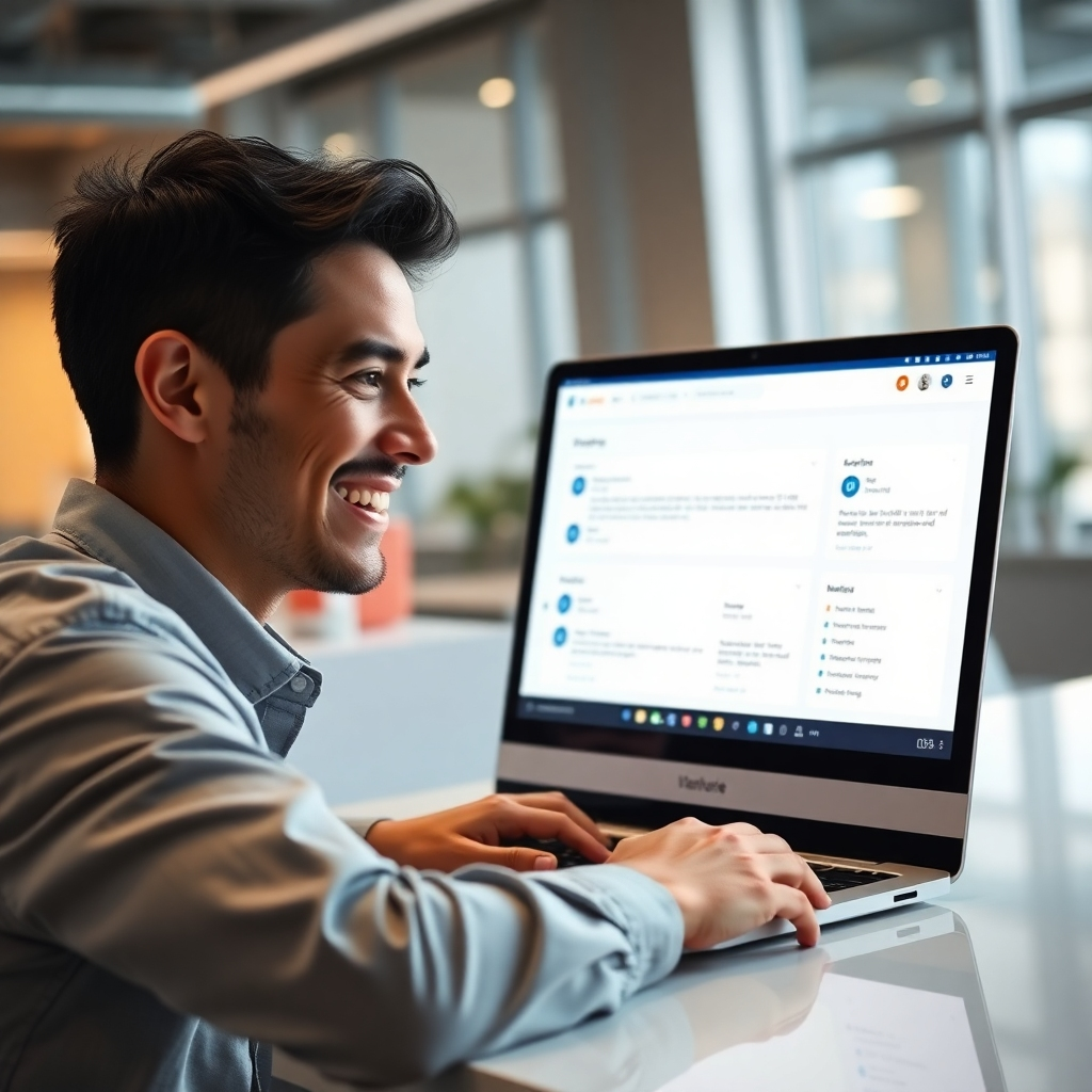 A photorealistic image of a person smiling and looking at a laptop screen displaying a simple, intuitive email marketing dashboard with pre-written email templates and automated processes clearly visible. The background should be a modern, bright office setting.