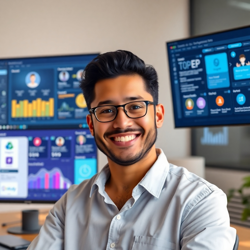 A photorealistic image of a person smiling confidently while looking at multiple screens displaying various productivity apps integrated with AI, showcasing seamless workflow and task management. The background should be a modern, minimalist office setting with soft, natural lighting.