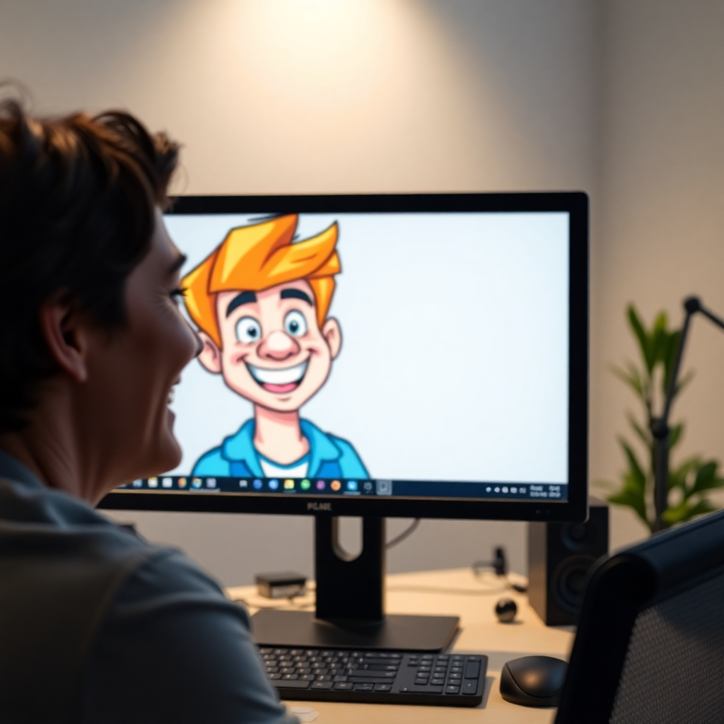 A photorealistic image of a person smiling and looking at their cartoon version, generated by AI, appearing on a computer screen; the cartoon version is a vibrant, stylized rendition of the person, showcasing exaggerated features and bright colors. The background should be a modern, clean workspace with subtle lighting.