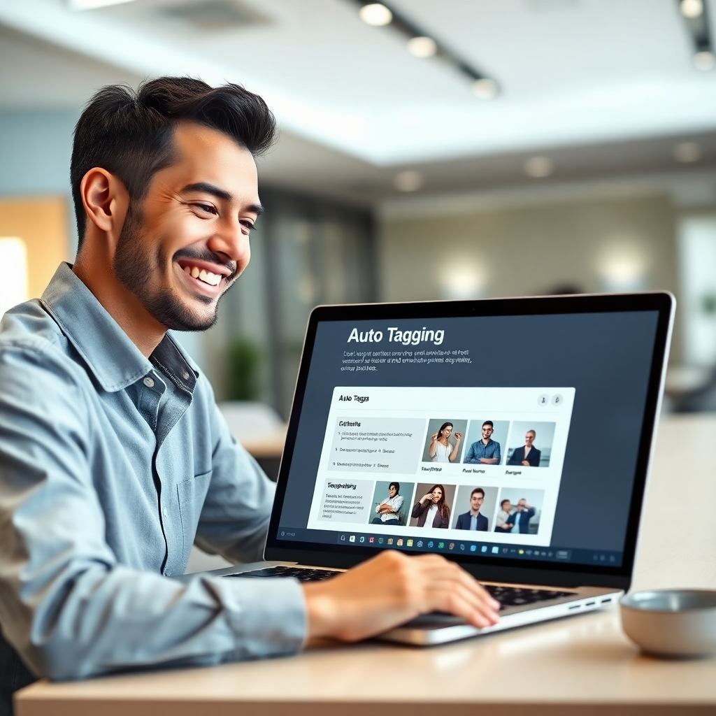 A photorealistic image of a person smiling and looking at a laptop screen displaying a clean, intuitive interface with an auto-tagging feature prominently highlighted.  The background should be a modern, minimalist office space. The overall mood should be one of ease and efficiency.