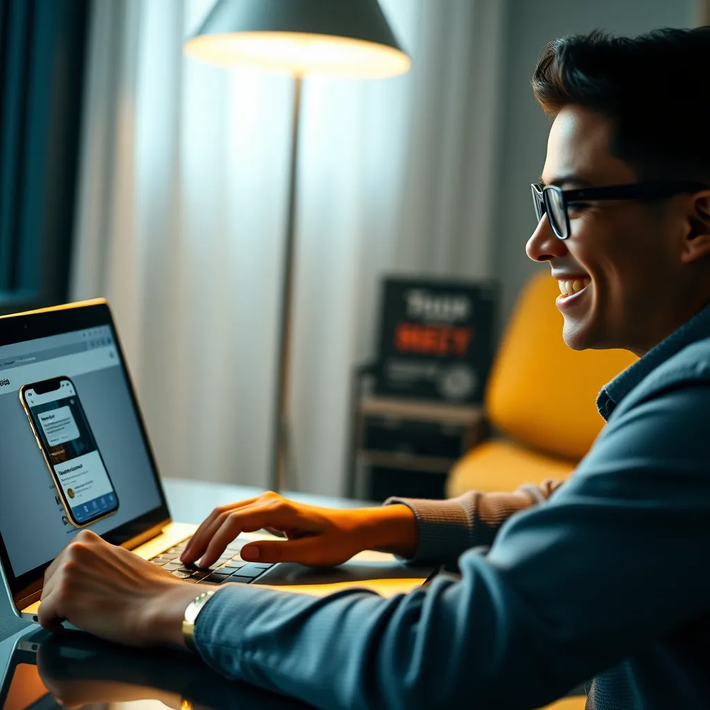 A photorealistic image of a person smiling while working on a laptop, with a smartphone displaying a social media app open in the background. The laptop screen should show a website with the PayingSocialMediaJobs.com logo and a task description.