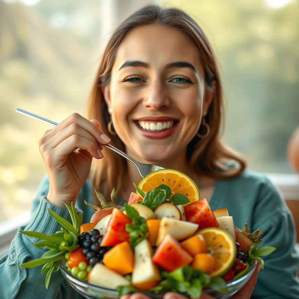 A photorealistic image of a person in a serene setting, enjoying a delicious and colorful fruit salad. The salad should prominently feature the 'wonder fruit' alongside other fresh and vibrant fruits, highlighting its natural appeal and taste. The person should have a relaxed and positive expression, conveying the enjoyment of the fruit and its potential benefits.