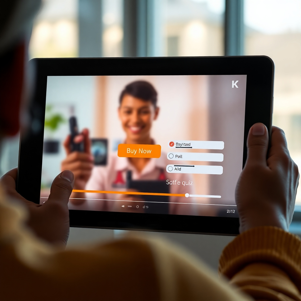 A photorealistic image of a person watching a 4K video on a tablet.  The video displays interactive elements such as a 'Buy Now' button, a poll with multiple-choice options, and a progress bar for a quiz. The scene should be brightly lit and modern, highlighting the user's engaged expression.