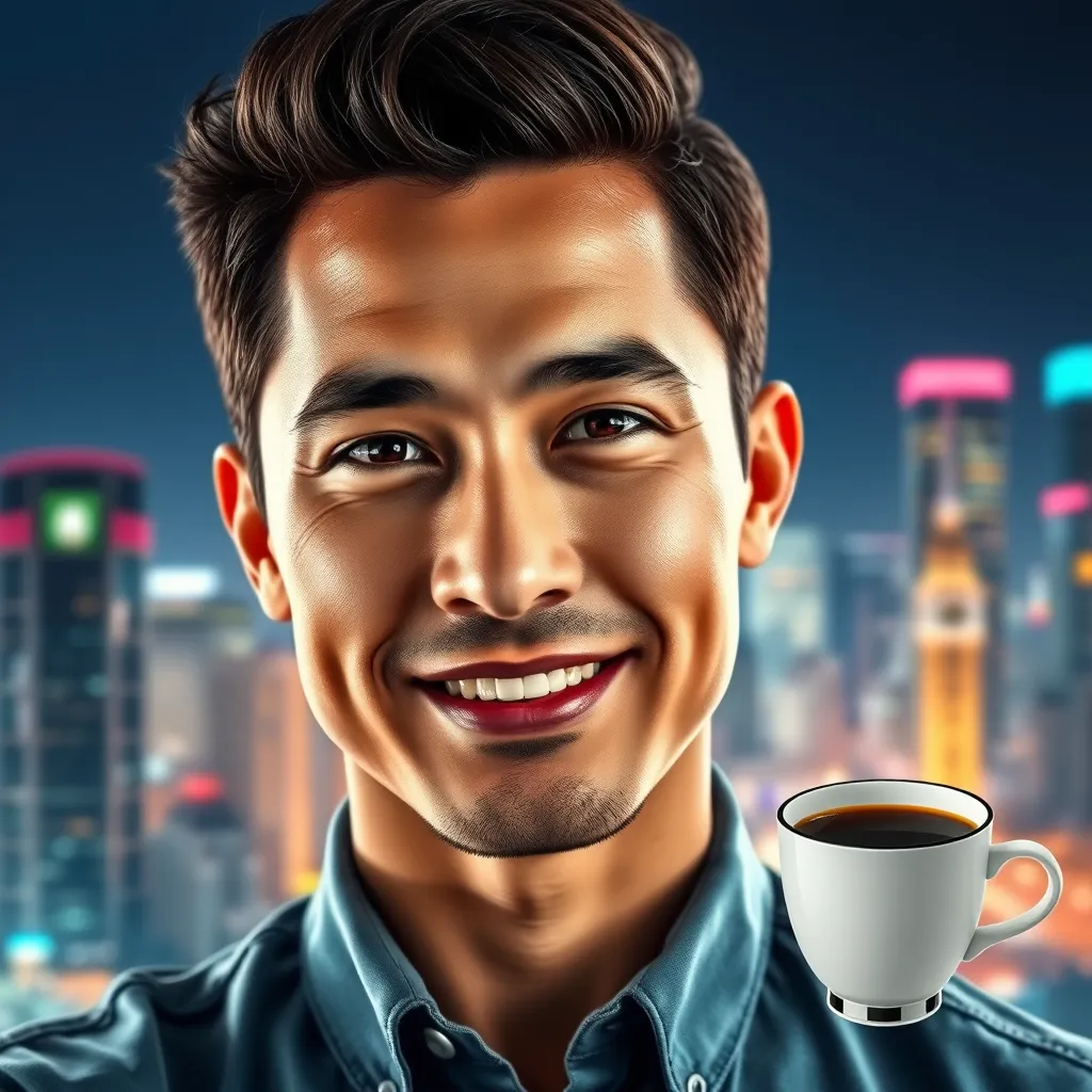A photorealistic image of a person looking confident and healthy, with a bright and focused expression. In the background, a cityscape with vibrant colors and dynamic lines, representing a sense of accomplishment and well-being. A cup of coffee with steam rising from it, subtly placed in the corner, signifying the role of the formula in achieving optimal health and vitality.