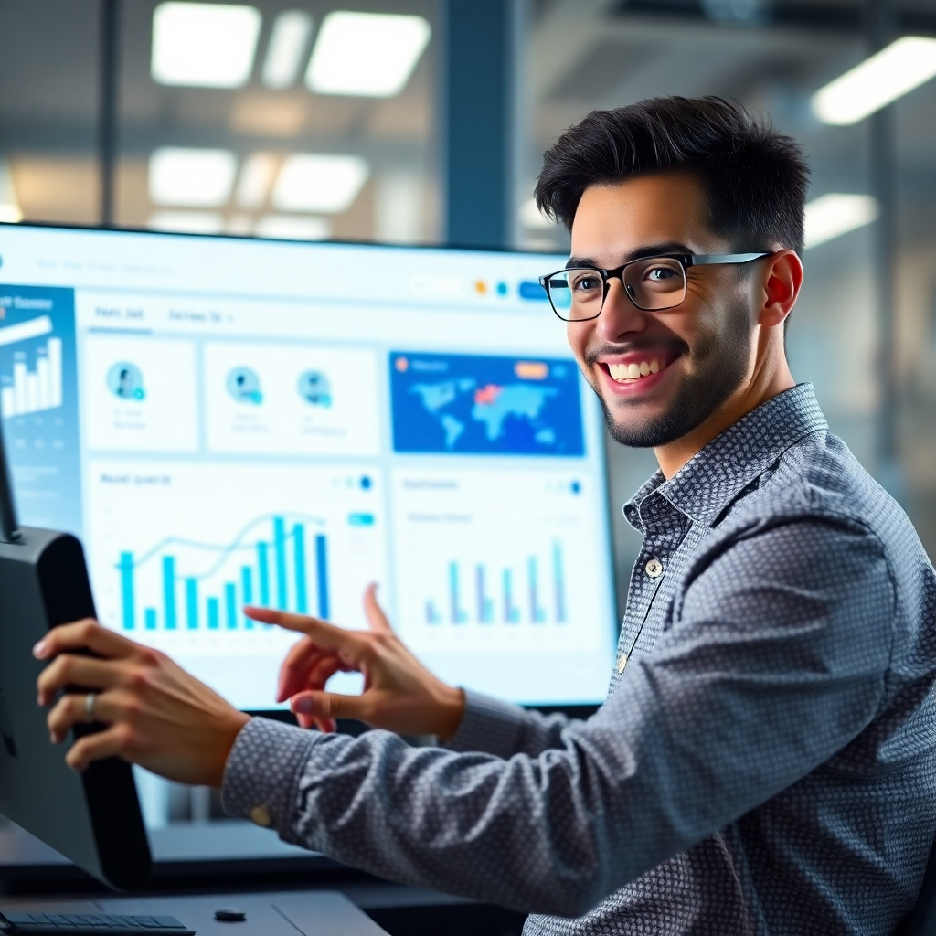 A photorealistic image of a person smiling while easily navigating a clean and intuitive AI dashboard,  clearly showing various AI tools. The image should emphasize ease of use and a positive user experience. The background should be subtly blurred to focus attention on the user and interface.