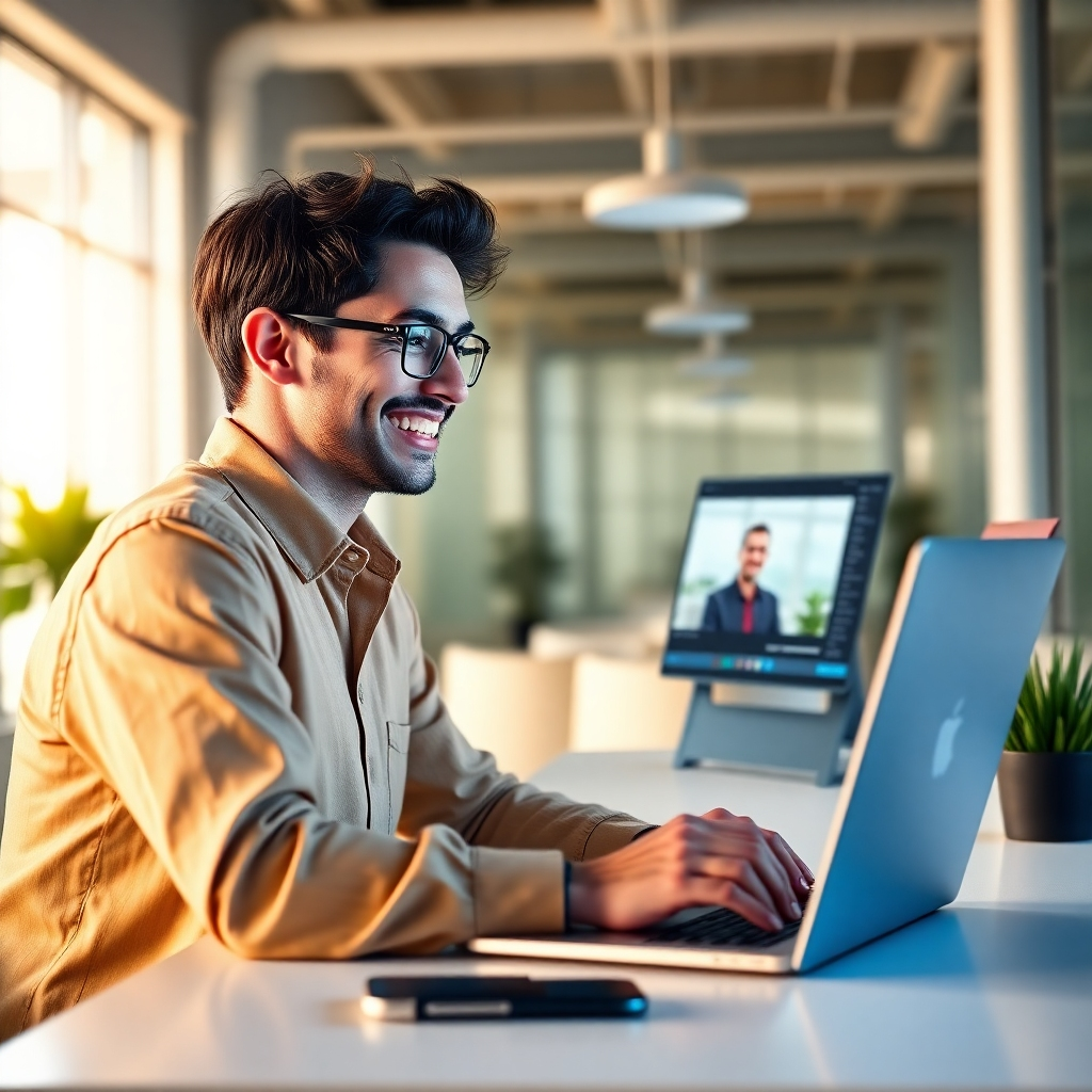 A photorealistic image of a person smiling while easily using a clean, intuitive software interface on a laptop to create a vibrant 4K video with interactive clickable elements such as buttons and links. The background should be a modern, brightly lit office.