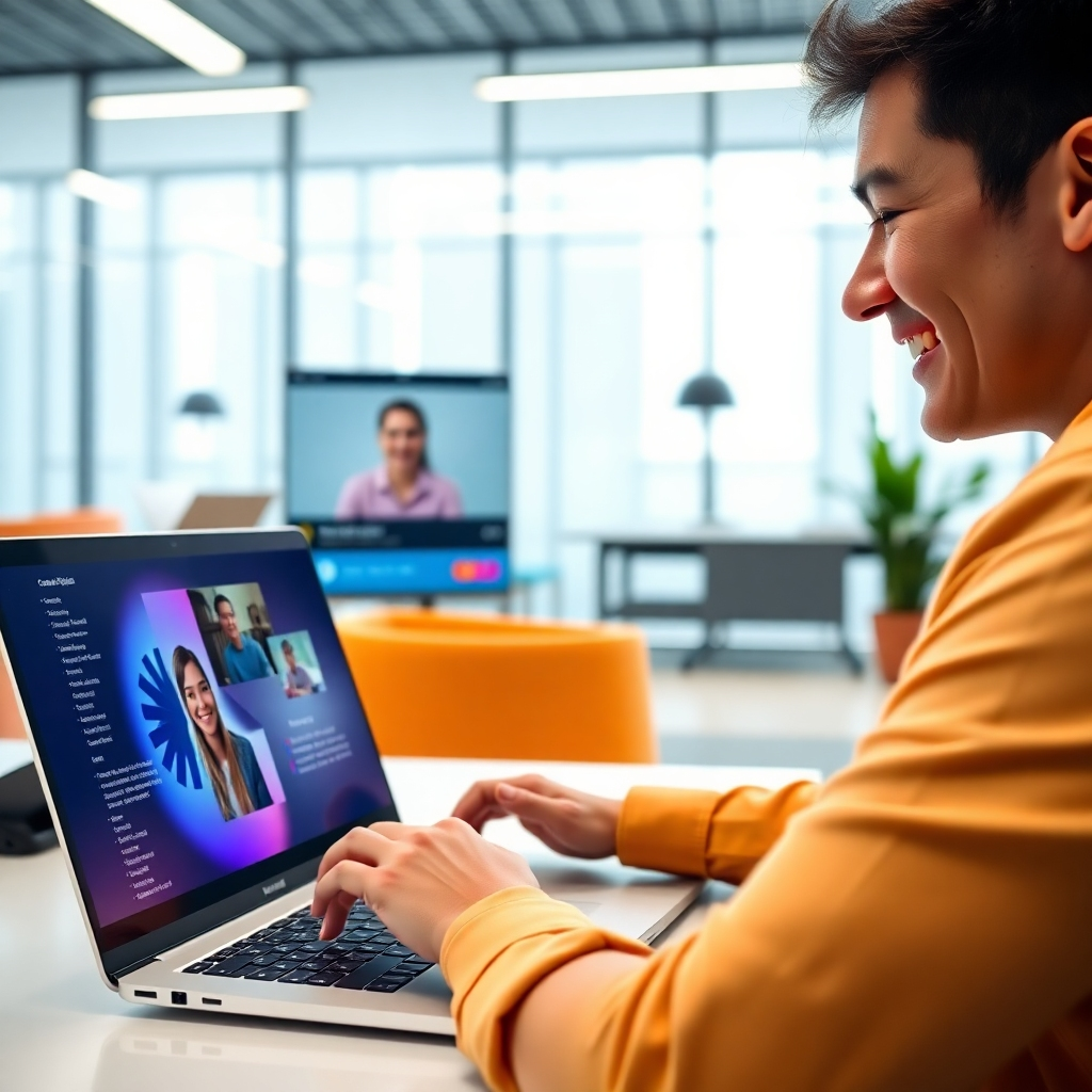 A photorealistic image of a person smiling and looking at a laptop screen showing Vidintrux AI's user interface, with a vibrant 4K video playing on the screen, showcasing interactive elements like clickable buttons and polls. The background should be a modern and bright office space, conveying ease and efficiency.