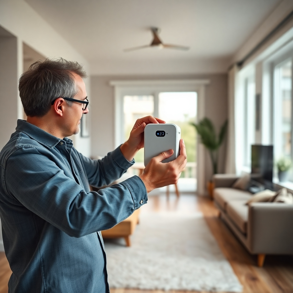 A photorealistic image of a person effortlessly installing a small, compact energy device in their home.  It should show a clear and simple installation process, conveying ease of use. The home should appear modern and comfortable, highlighting the seamless integration of the device.