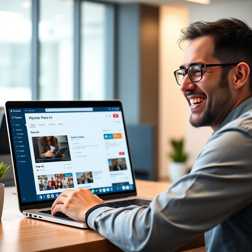 A photorealistic image of a person smiling and looking at a laptop screen showing a simplified Dynova AI dashboard interface with a clear 'Place Ad' button and a preview of a YouTube video with an overlayed ad banner.  The background should be a modern, bright office setting.